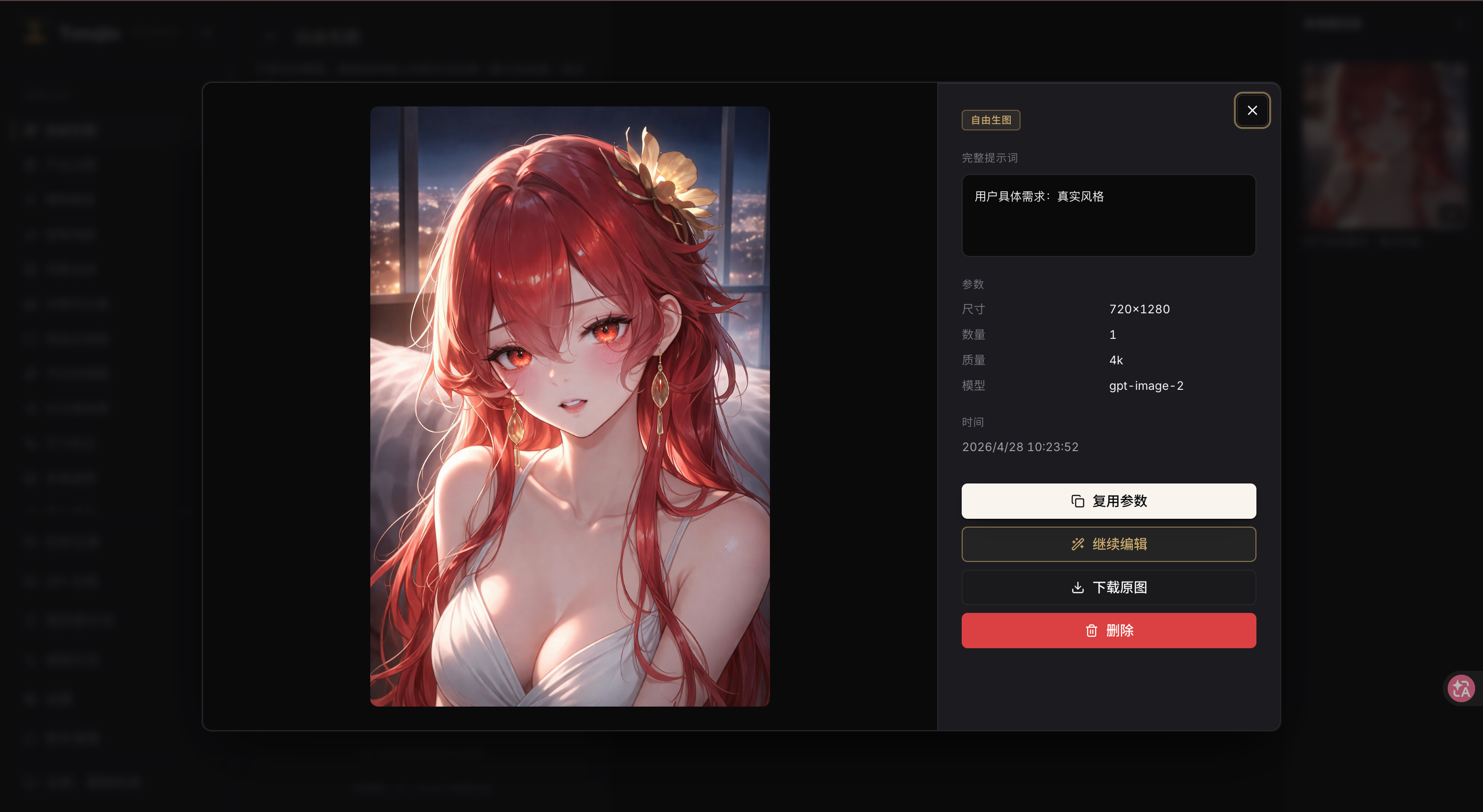 历史详情弹窗：原图 + 完整提示词 + 参数 + 复用参数 / 继续编辑 / 下载 / 删除